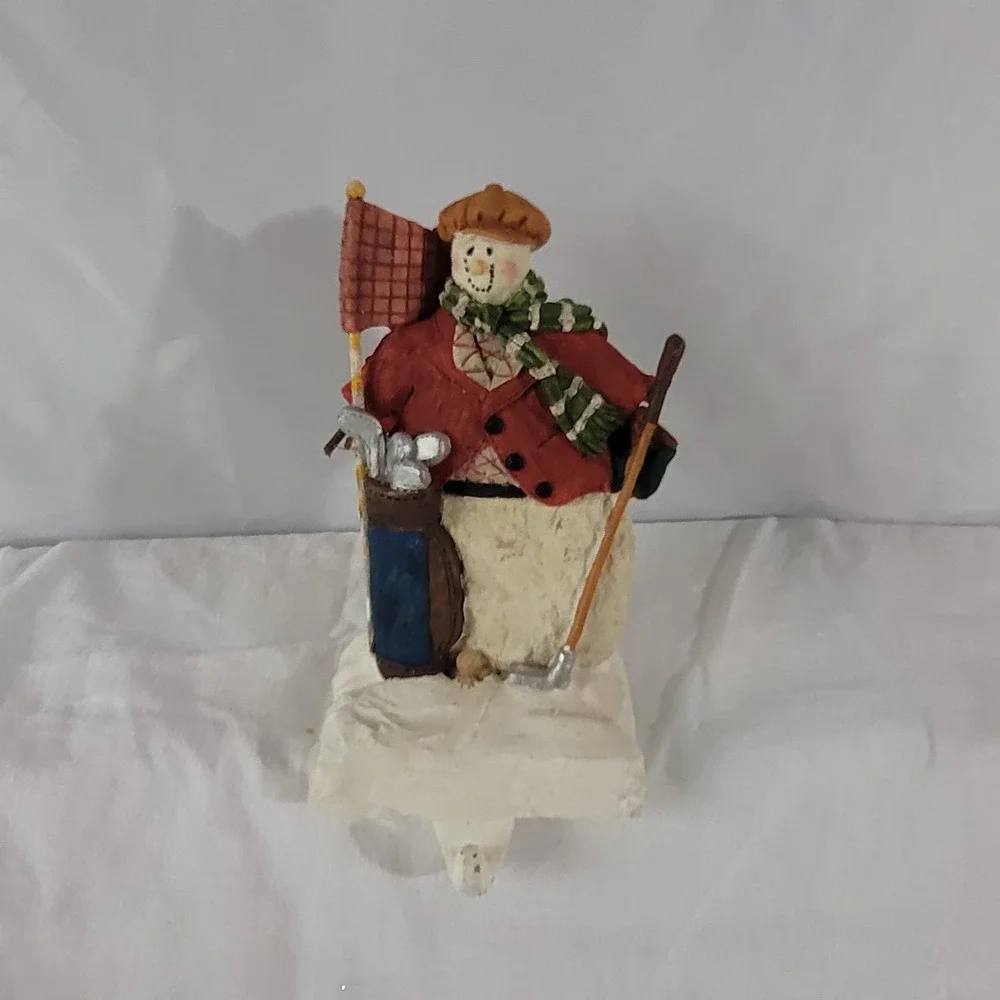 Snowman Golfer Christmas Stocking Holder Resin Holiday Mantel Decor Red Jacket